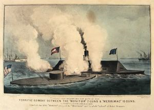 Image of Terrific Combat between the "Monitor" 2 Guns and "Merrimac" 10 Guns