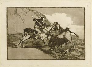 Image of The Way in which the Ancient Spaniards Hunted Bulls on Horseback in the Open Country (Modo con que los antiguos españoles cazaban los toros á caballo en el campo) 