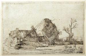 Image of Cottages with Farm Buildings with a Man Sketching