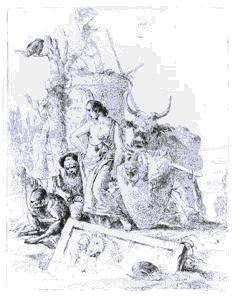 Image of Seated Magician with Monkey, Standing Youth and Ox